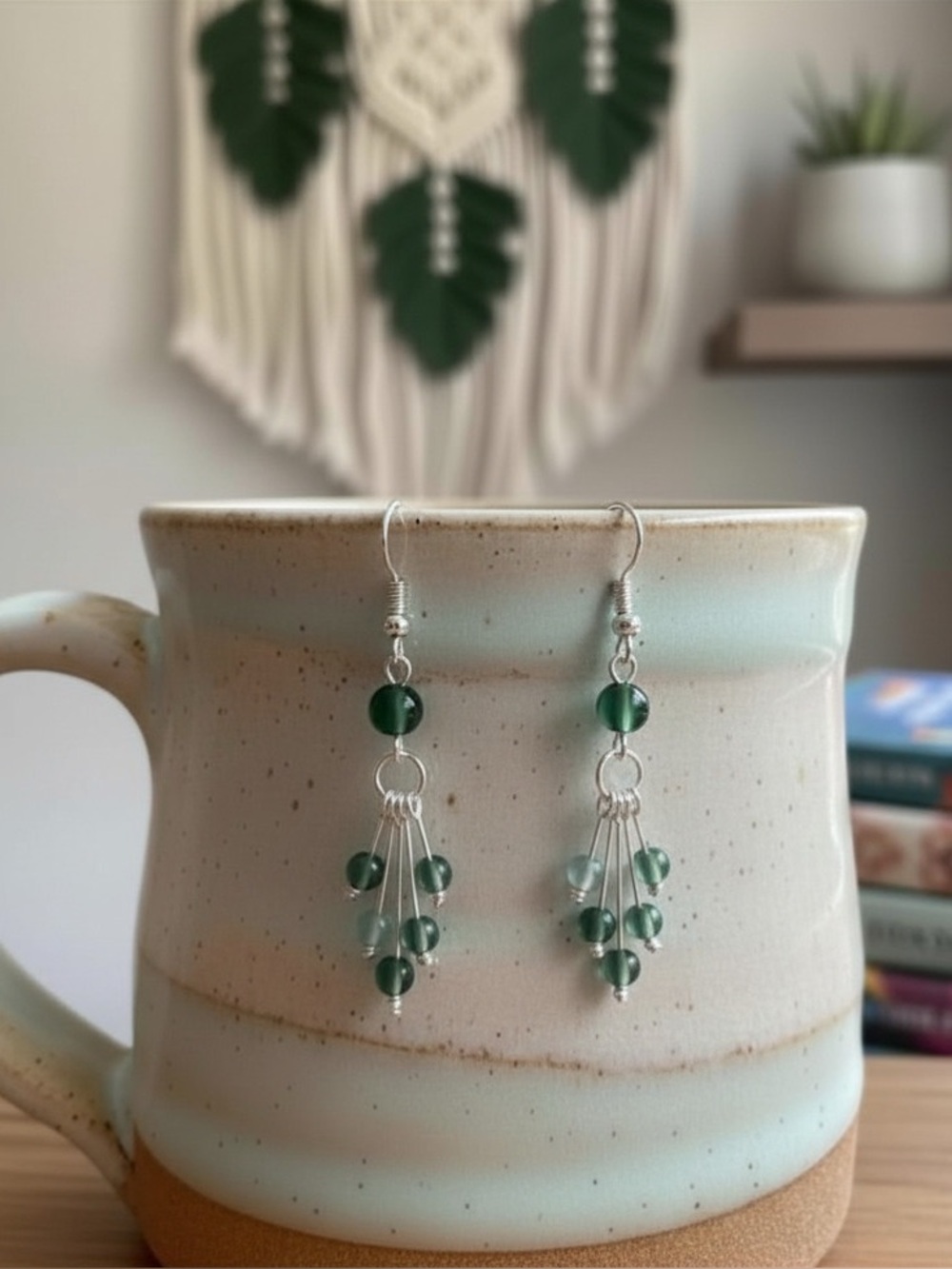 Handmade Silver-Tone Green Lace Agate Dangle Earrings